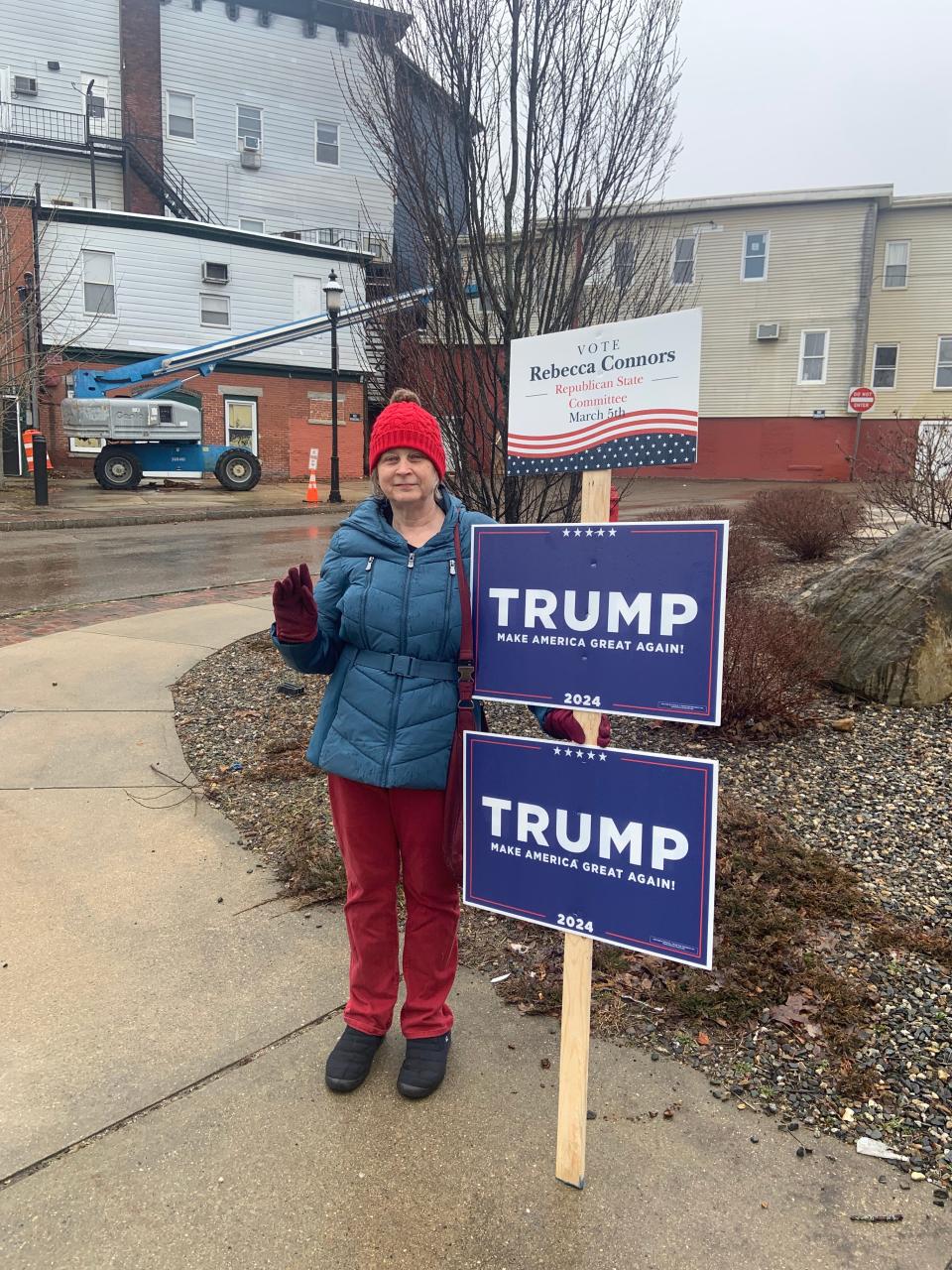Laurie Meagher of Gardner outside of Ward 2 at the Gardner Public Library on Super Tuesday.