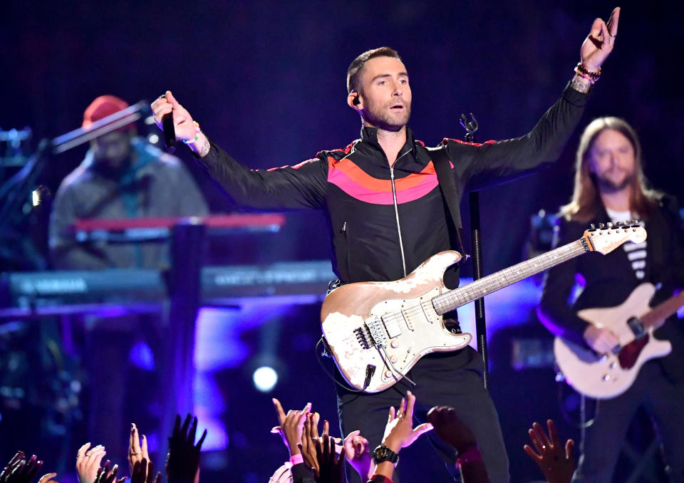 ATLANTA, GA - FEBRUARY 03:  Adam Levine of Maroon 5 performs during the Pepsi Super Bowl LIII Halftime Show at Mercedes-Benz Stadium on February 3, 2019 in Atlanta, Georgia. (Photo by Jeff Kravitz/FilmMagic)