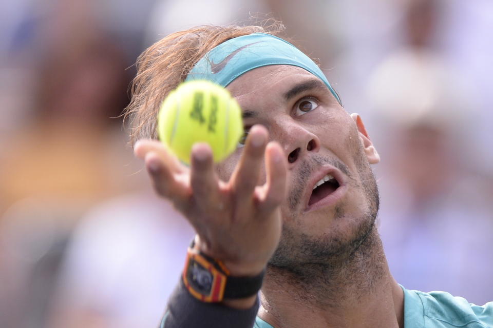 Spain's Rafael Nadal serves to Russia's Daniil Medvedev during the final of the Rogers Cup tennis tournament in Montreal, Sunday, Aug. 11, 2019. (Paul Chiasson/The Canadian Press via AP)