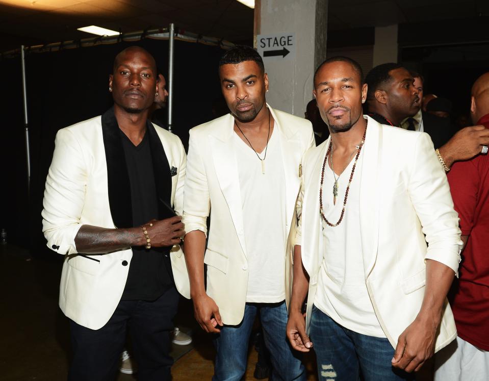 From left: Singers Tyrese, Ginuwine and Tank of the group TGT attend the post show during the 2012 BET Awards at The Shrine Auditorium on July 1, 2012 in Los Angeles, California.