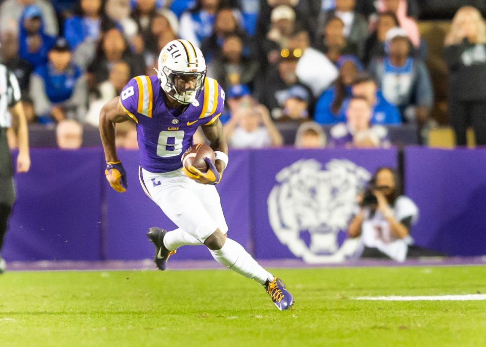 Tigers reciever Malik Nabers 8 runs the ball as the LSU Tigers take on Georgia State in Tiger Stadium in Baton Rouge, Louisiana, November 18, 2023.