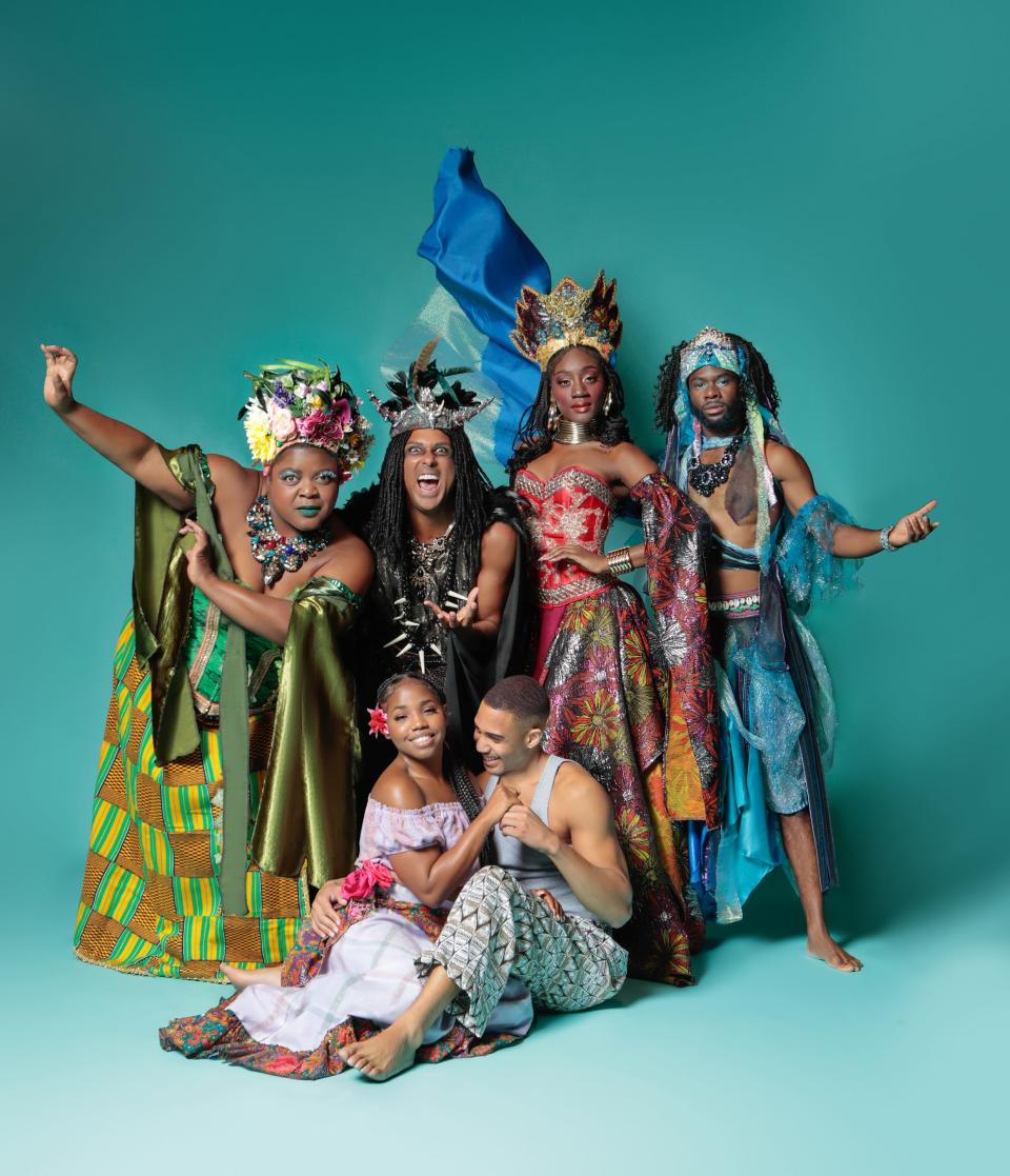 Cast members from the Westcoast Black Theatre Troupe production of “Once on This Island,” clockwise from top left, Tarra Conner Jones, Lee Hollis Bussie, Jazzmin Carson, Raleigh Mosely II, Jermarcus Riggins and Ilexis Holmes.