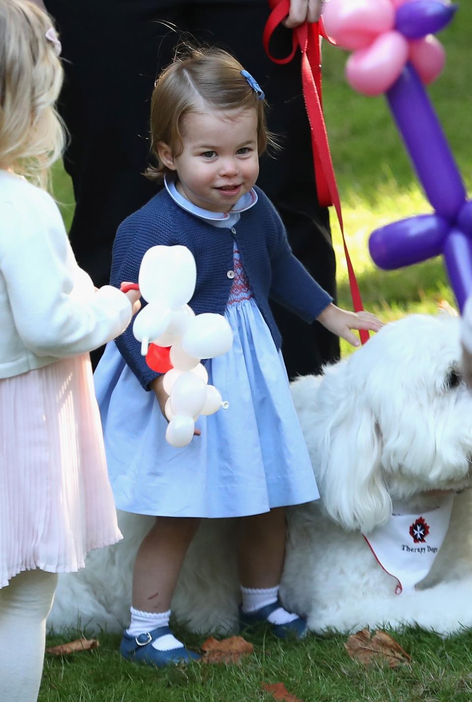 <p>Charlotte smiles as she plays with a dog named Moose. [Photo: Getty/Chris Jackson] </p>