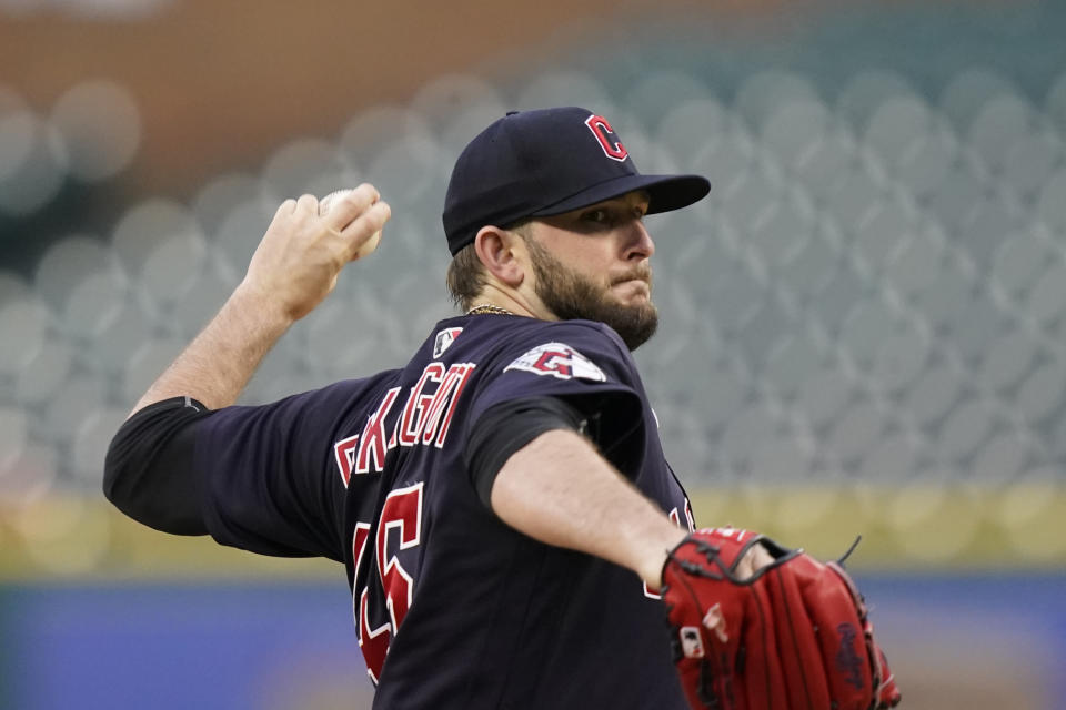 Cleveland Guardians starting pitcher Konnor Pilkington throws during the first inning of a baseball game against the Detroit Tigers, Thursday, May 26, 2022, in Detroit. (AP Photo/Carlos Osorio)