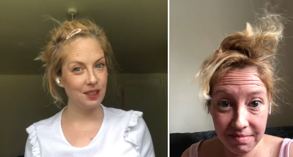 She wears clips to smooth down the tuffs of hair sticking out (left) and she shows the full extent of her new hairstyle as her hair sticks up (right). 