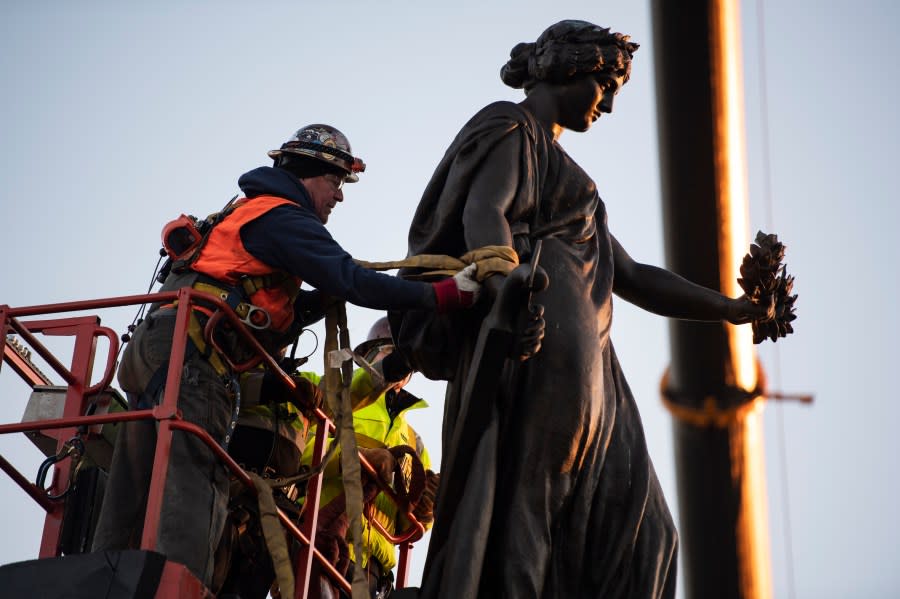 Work continues on the removal of the Confederate Memorial in Section 16 of Arlington National Cemetery, Arlington, Va., Dec. 20, 2023. (U.S. Army photo by Elizabeth Fraser / Arlington National Cemetery / released)