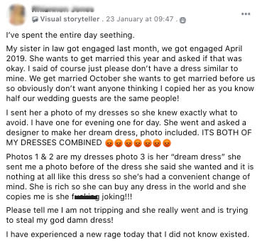 Bride 'seething' after sister in law 'steals' her dream dress