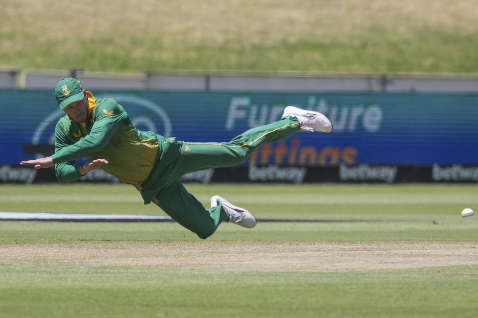 South African fielder David Miller fields the ball during the second ODI cricket match between South Africa and India in Paarl, South Africa, Friday, Jan. 21, 2022. (AP Photo/Halden Krog)