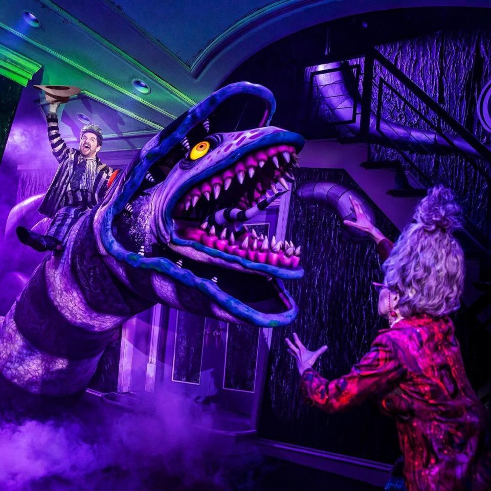One of the more effects-filled scenes that designer Jeremy Chernick helped create, from the Broadway production of “Beetlejuice,” starring Alex Brightman (pictured on beast) as the title character.