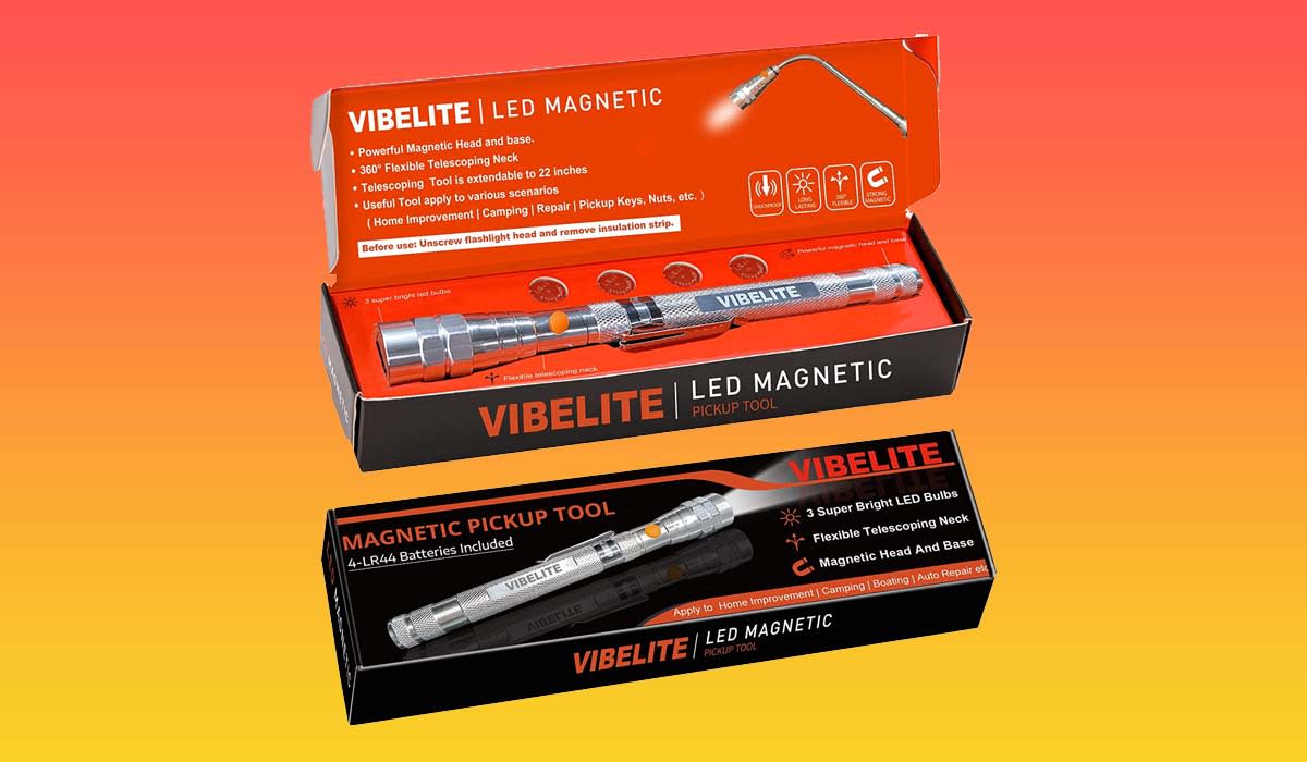 The Vibelite LED Magnetic Pickup Tool comes in a stocking-friendly gift box, as shown here.