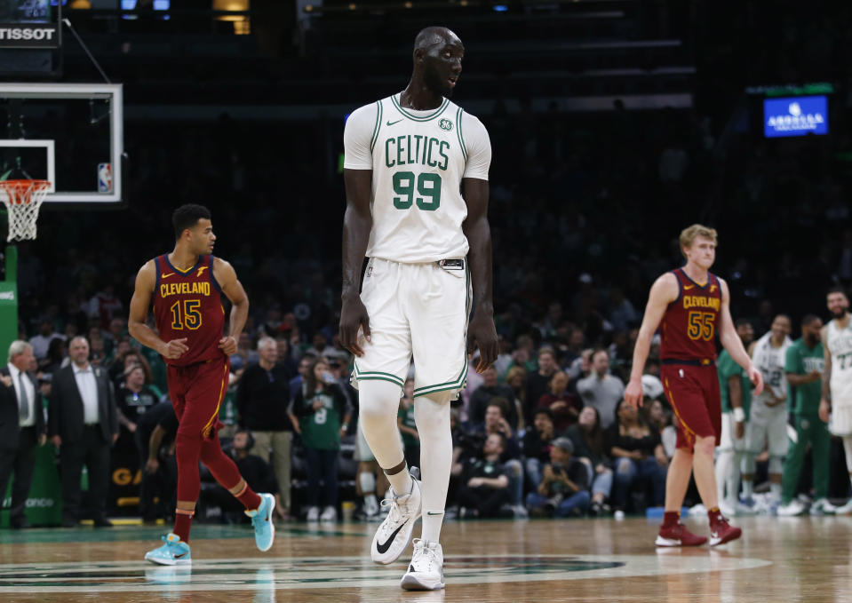 Oct 13, 2019; Boston, MA, USA; Seven-foot five-inch Boston Celtics center Tacko Fall (99) goes back up court during the second half of a preseason game against the Cleveland Cavaliers at TD Garden. Mandatory Credit: Winslow Townson-USA TODAY Sports