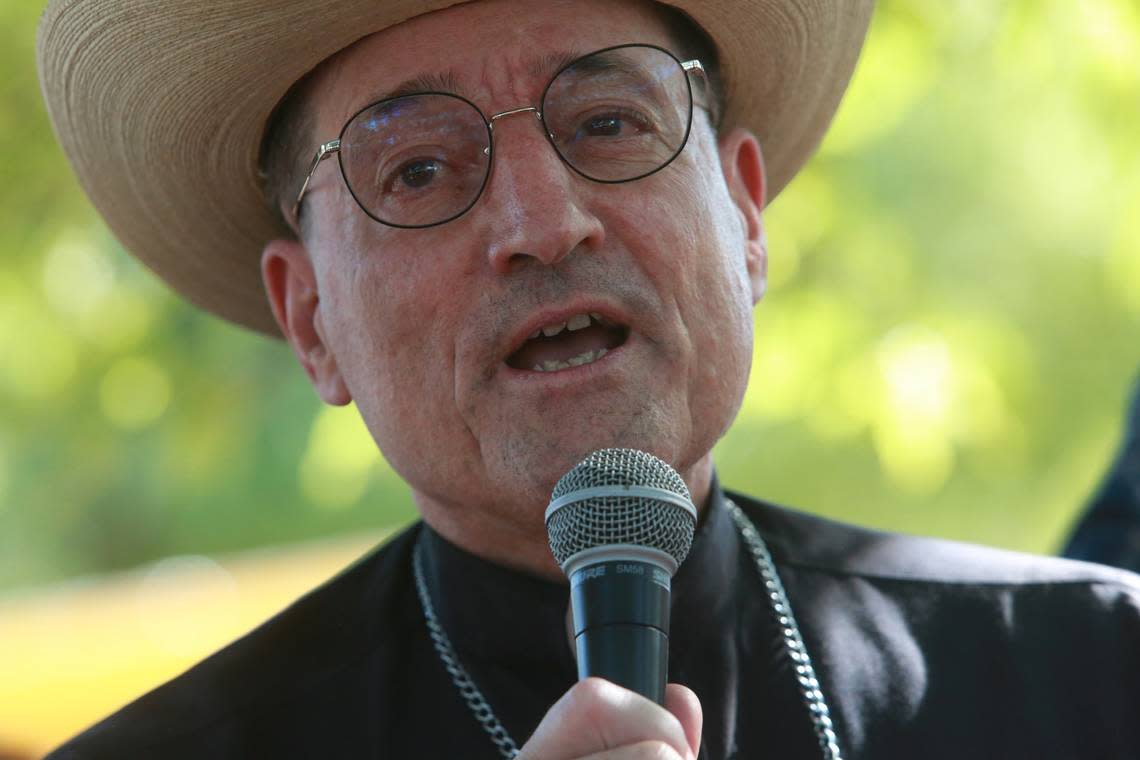 Fresno Diocese Bishop Joseph V. Brennan gave the United Farm Worker leaders and marchers his blessing as they stopped in Fresno on Thursday (Aug. 11) on their pilgrimage to Sacramento, but he also had a message to Gov. Gavin Newsom: “sign this legislation.” 