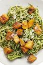 <p>Soybean spaghetti cuts the carbs from this dish, and it's pesto sauces gives this dish a seasonally appropriate green shade.</p><p><em><a href="https://www.goodhousekeeping.com/food-recipes/a47137/soybean-pasta-with-kale-pesto-and-squash-recipe/" rel="nofollow noopener" target="_blank" data-ylk="slk:Get the recipe for Soybean Pasta With Kale Pesto and Squash »;elm:context_link;itc:0;sec:content-canvas" class="link ">Get the recipe for Soybean Pasta With Kale Pesto and Squash »</a></em></p>
