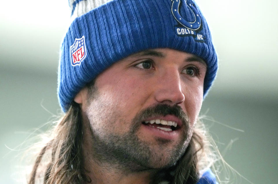 Indianapolis Colts quarterback Gardner Minshew attends a press conference in Frankfurt, Germany, Friday, Nov. 10, 2023. The New England Patriots will play against the Indiana Colts in a NFL game on Sunday. (AP Photo/Michael Probst)