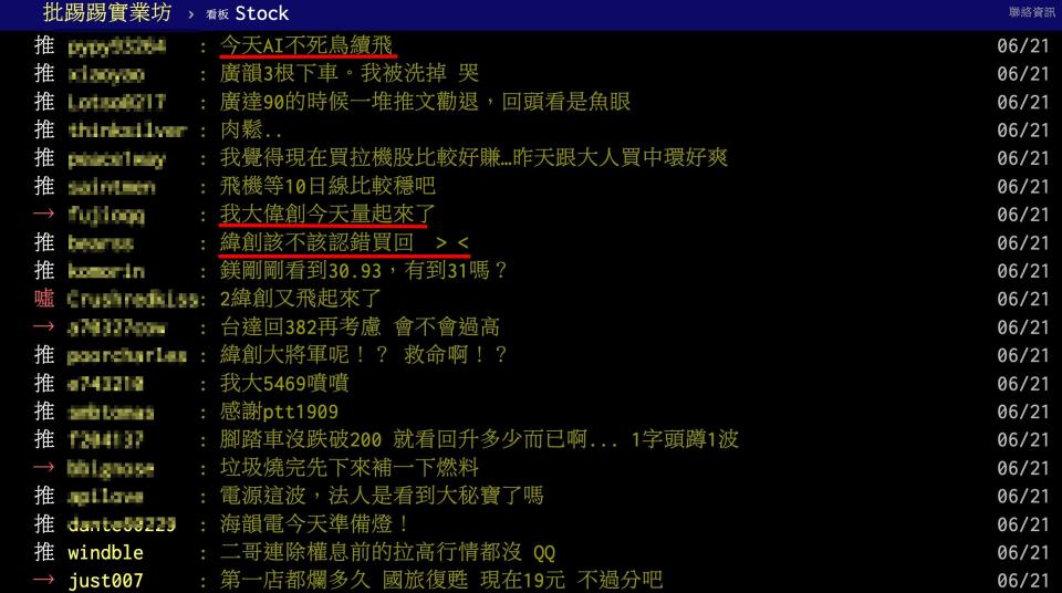 緯創今日盤中又上漲超過4％，成為網友熱議話題。（圖／翻攝自PTT）