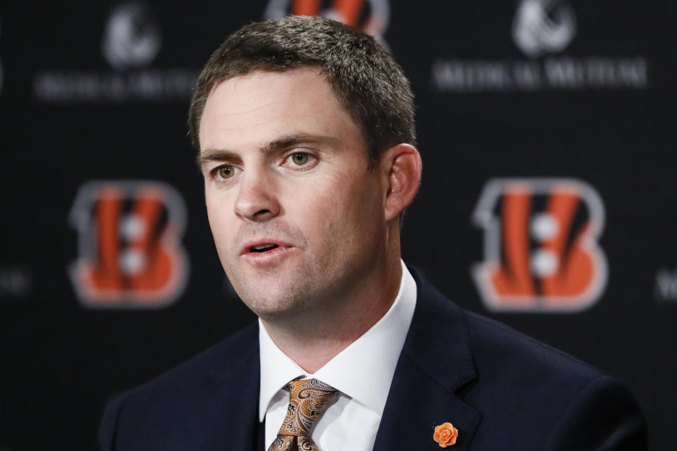 Cincinnati Bengals football head coach Zac Taylor speaks during a news conference, Tuesday, Feb. 5, 2019, in Cincinnati. After 16 years without a playoff win under Marvin Lewis, the Bengals decided to try something different. But they had to wait more than a month before hiring Zac Taylor as their next coach in hopes of ending a long streak of futility. (AP Photo/John Minchillo)