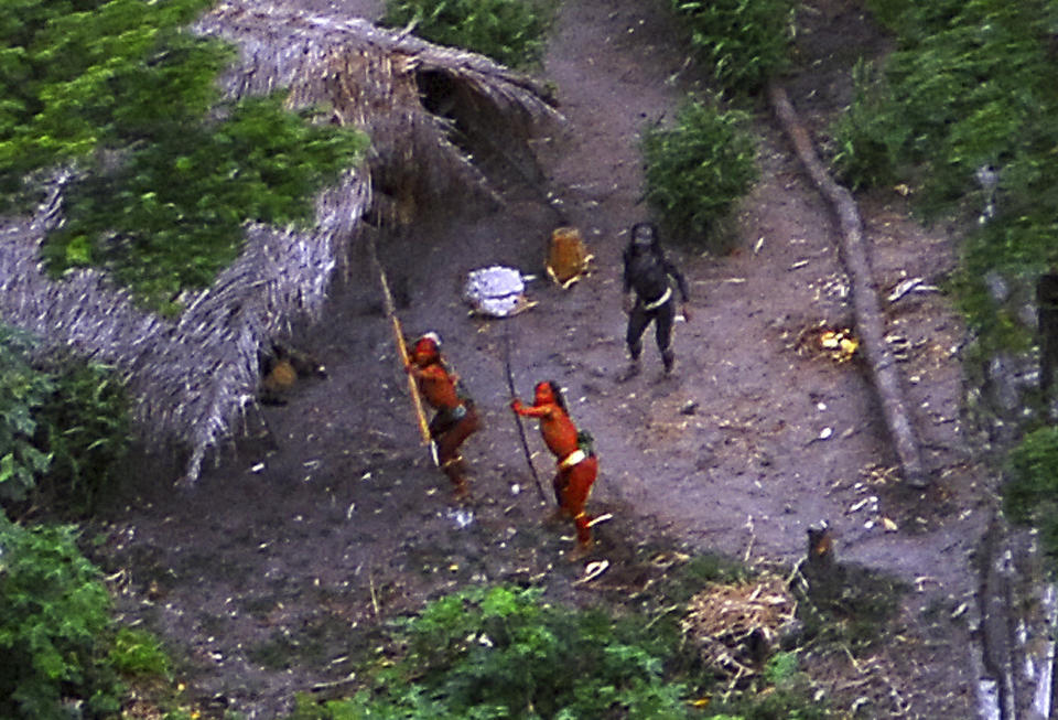 Members of an uncontacted tribe in Brazil's Amazon Basin were photographed by air in 2008. At least 10 members of a tribe in this region were reportedly&nbsp;killed by gold miners&nbsp;last month. (Photo: Funai-Frente de Proteção Etno-Ambiental Envira via Reuters)