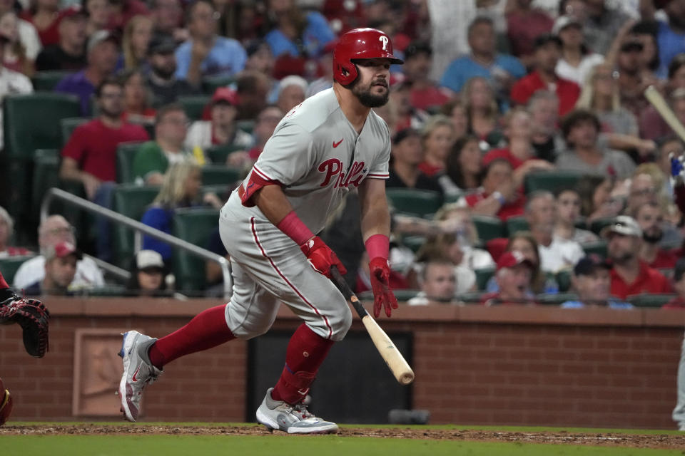 Philadelphia Phillies' Kyle Schwarber watches his three-run home run during the fifth inning of a baseball game against the St. Louis Cardinals Saturday, Sept. 16, 2023, in St. Louis. (AP Photo/Jeff Roberson)