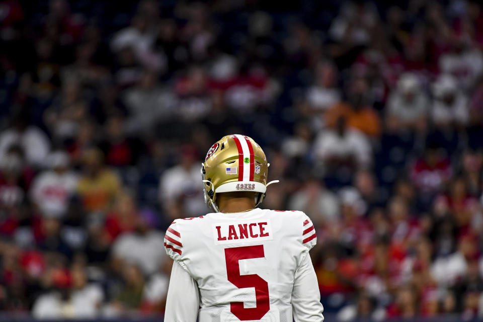 HOUSTON, TEXAS - AUGUST 25: Trey Lance #5 of the San Francisco 49ers stands on the field against the Houston Texans during a NFL preseason game at NRG Stadium on August 25, 2022 in Houston, Texas. (Photo by Logan Riely/Getty Images)
