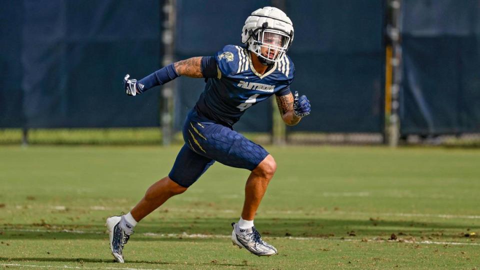 FIU Panthers defensive back CJ Christian (4) runs through practice drills at Florida International University in Miami on Tuesday, August 22, 2023.
