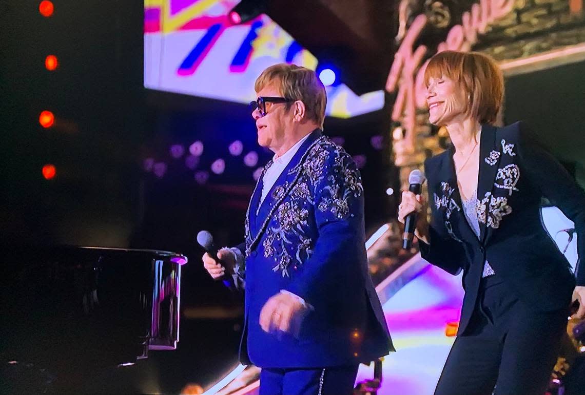 Screen grab from Disney+ livestream of Elton John and Kiki Dee singing “Don’t Go Breaking My Heart” at Dodger Stadium on Nov. 20, 2022.