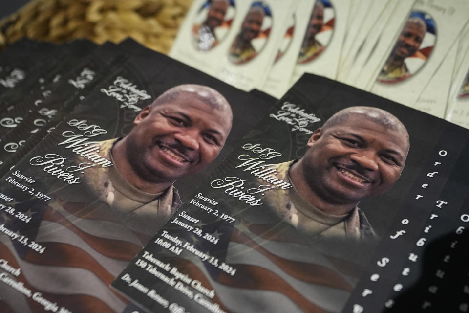 Programs for a funeral service for Army Reserve soldier Staff Sgt. William Jerome Rivers are shown Tuesday, Feb. 13, 2024, in Carrollton, Ga. Rivers was one of three Georgia soldiers killed last month in drone attack in Jordan. (AP Photo/John Bazemore)