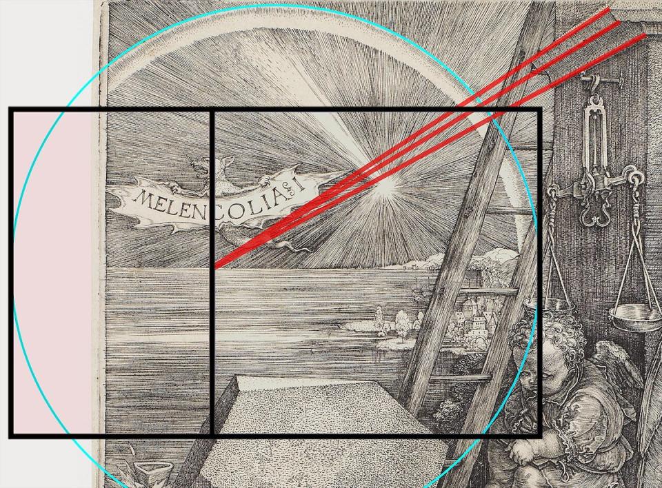 Representation of how the golden ratio is used in Dürer’s <em>Melancholia I</em>. <a href="https://commons.wikimedia.org/wiki/File:Albrecht_D%C3%BCrer_-_Melencolia_I_-_Golden_Ratio.jpg" rel="nofollow noopener" target="_blank" data-ylk="slk:UpdateNerd / Wikimedia Commons;elm:context_link;itc:0;sec:content-canvas" class="link ">UpdateNerd / Wikimedia Commons</a>, <a href="http://creativecommons.org/licenses/by-sa/4.0/" rel="nofollow noopener" target="_blank" data-ylk="slk:CC BY-SA;elm:context_link;itc:0;sec:content-canvas" class="link ">CC BY-SA</a>