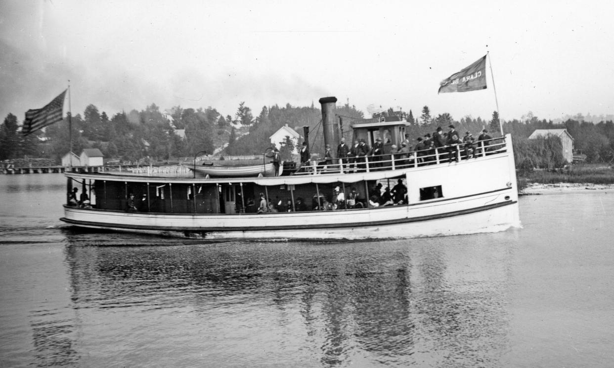 Passenger steamer Clara Belle on Lake Charlevoix south of Ironton, one of many boats piloted by Captain Alanson Aldrich.