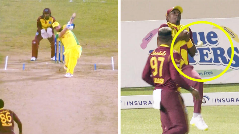 Dwayne Bravo (pictured right) dropping the ball after (pictured right) Aaron Finch hit the ball high into the sky.