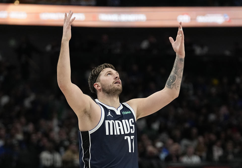 Dallas Mavericks guard Luka Doncic reacts to a call during the first half of the team's NBA basketball game against the Portland Trail Blazers in Dallas, Wednesday, Jan. 3, 2024. (AP Photo/LM Otero)