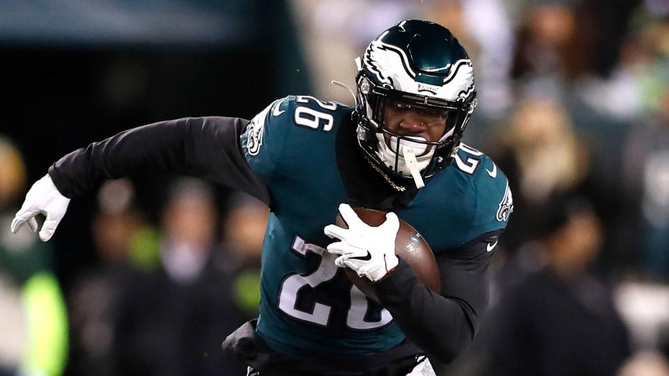 Mandatory Credit: Photo by Julio Cortez/AP/Shutterstock (10521222ea)Philadelphia Eagles running back Miles Sanders runs with the ball against the Seattle Seahawks during the first half of an NFL wild-card playoff football game, in Philadelphia.