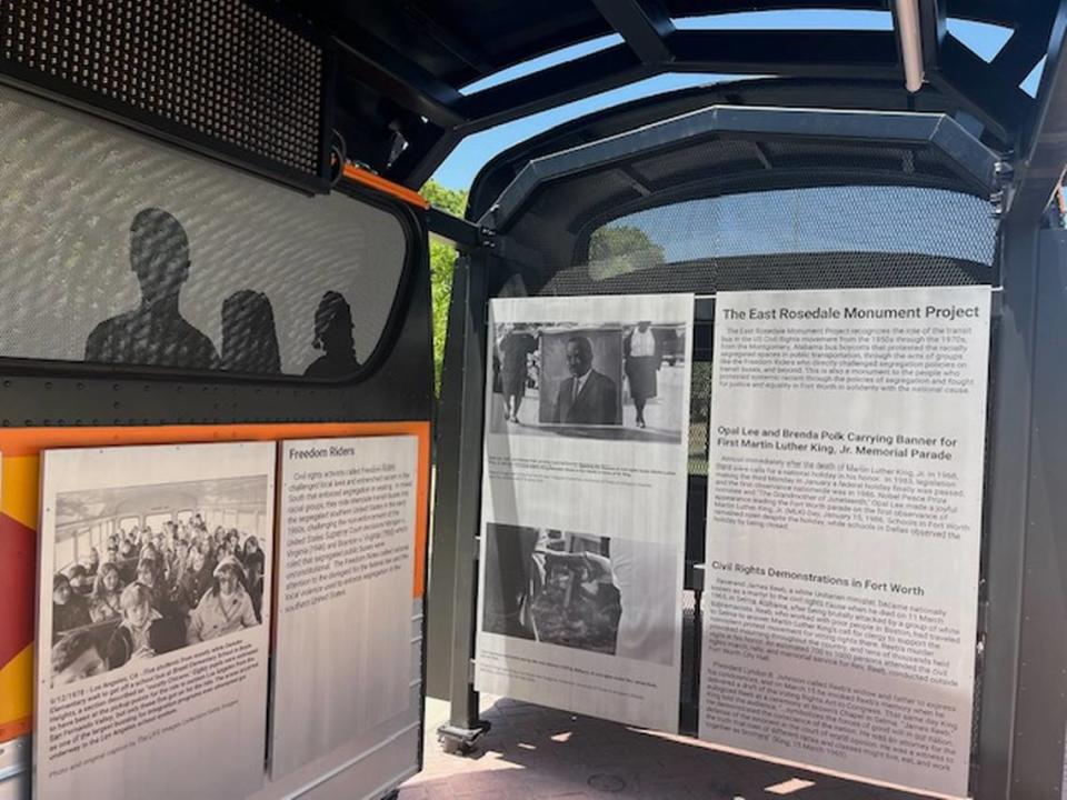 The East Rosedale Monument Project uses black and white photos and engraved panels to tell the stories of important moments in the civil rights movement.