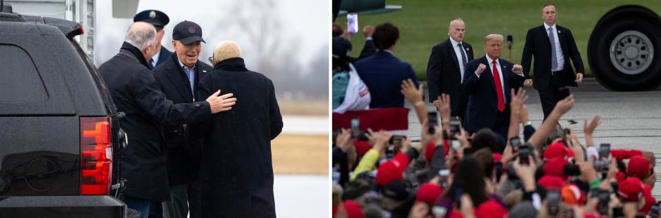 Left: President Joe Biden speaks with Saginaw Mayor Brenda Moore, right, and U.S. Rep Dan Kildee, left, after he exits Air Force One at MBS International Airport, AvFlight Saginaw, in Freeland during his stop to Michigan on Thursday, March 14, 2024. Right: President Donald Trump waves at his supporters as he walks off Air Force One for his ally at the MBS International Airport in Freeland, Thursday, Sept. 10, 2020.