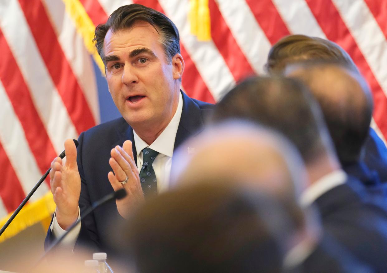 Gov. Kevin Stitt addresses the group during Gov. Kevin Stitt's Budget Conference with the Senate and House leaders at the Oklahoma Capitol, Thursday, May 9, 2024.