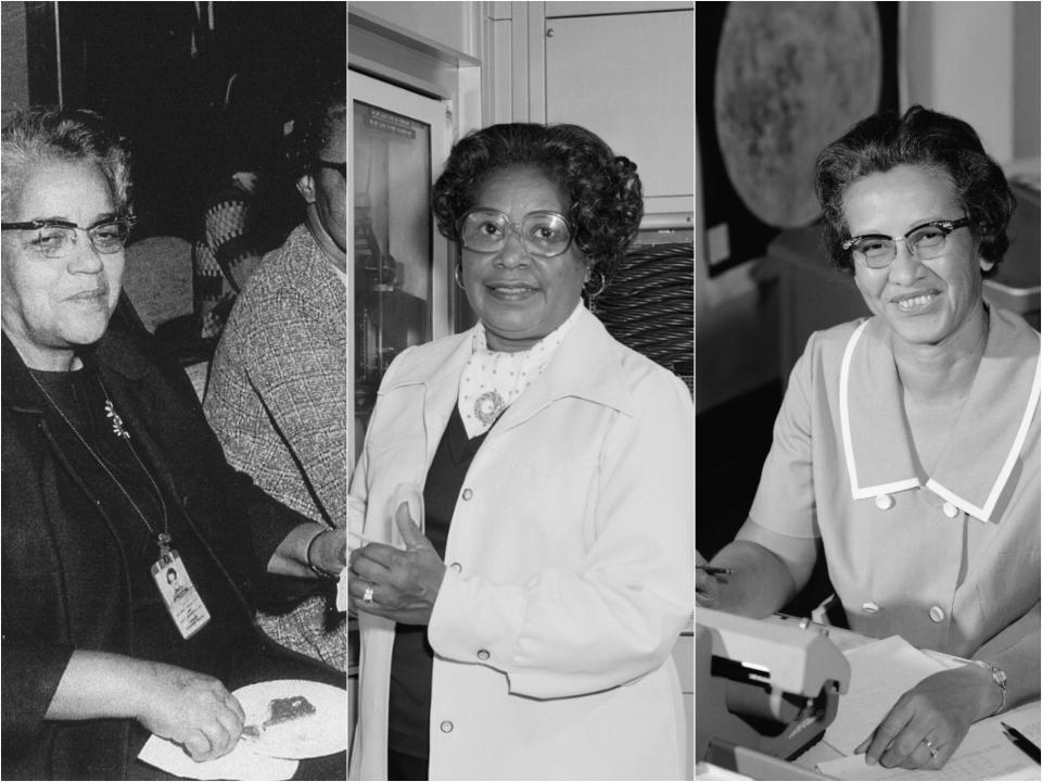 Side by side black and white photos of Dorothy Vaughan, Mary Jackson, and Katherine Johnson.