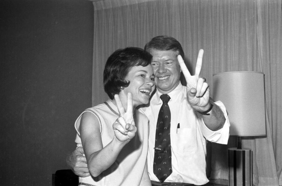 FILE - Georgia Gov.-elect Jimmy Carter and his wife, Rosalynn Carter, celebrate his election win, Nov. 3, 1970, in Atlanta. Rosalynn Carter, the closest adviser to Jimmy Carter during his one term as U.S. president and their four decades thereafter as global humanitarians, died Sunday, Nov. 19, 2023. She was 96. (Billy Downs/Atlanta Journal-Constitution via AP, File)