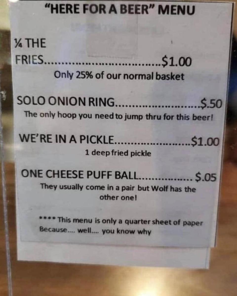 a "here for the beer" menu with one solo onion ring, 1 deep fried pickle for $1 and half an order of fries for $1