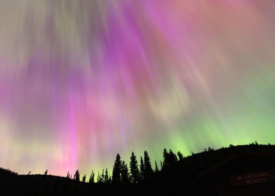Aurora borealis, commonly known as the northern lights, is seen on May 11, 2024 in Manning Park, British Columbia, Canada.
