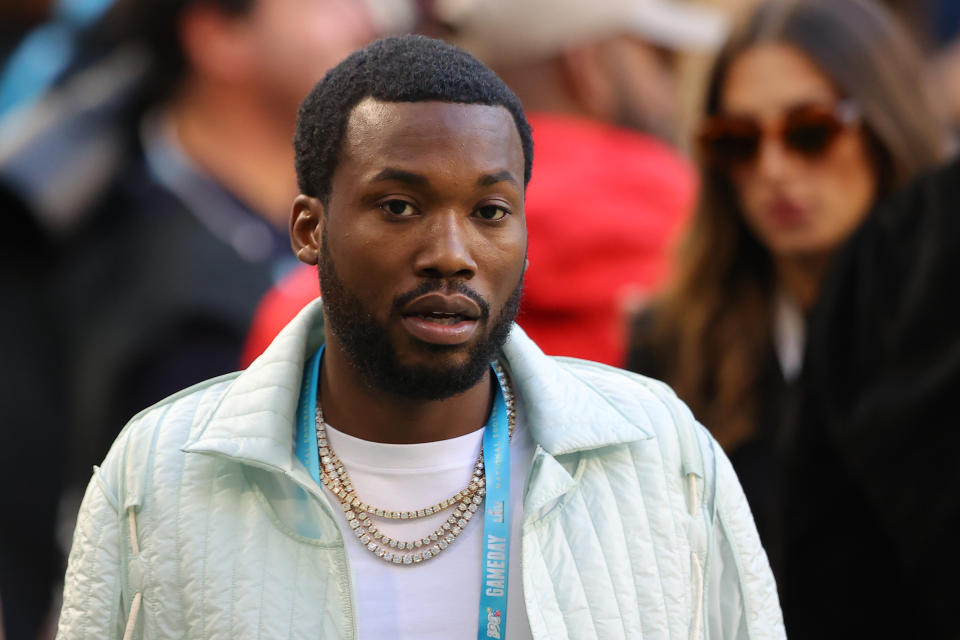 American rapper Meek Mill looks on before Super Bowl LIV at Hard Rock Stadium on February 02, 2020 in Miami, Florida. (Photo by Ronald Martinez/Getty Images)