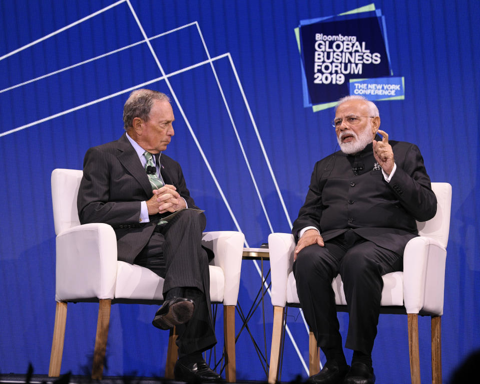 Mike Bloomberg with Hon. Narendra Modi, Prime Minister of the Republic of India, at the 3rd annual Bloomberg Global Business Forum in New York City on September 25, 2019 at The Plaza Hotel. (Source: Bloomberg Philanthropies) 