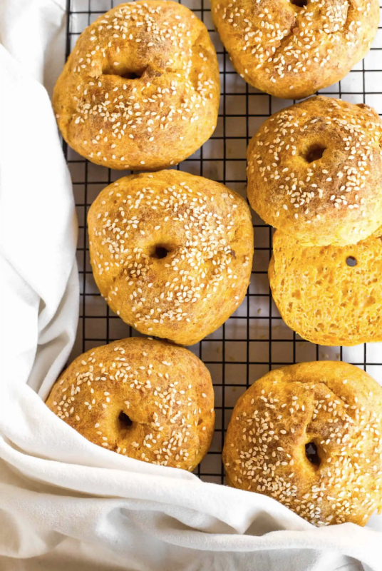 <p>Dish by Dish</p><p>These gluten-free pumpkin bagels are moist, tender and fluffy. Enjoy them for breakfast, brunch or a snack. Totally dairy-free too. </p><p><strong>Get the recipe: <em><a href="https://www.dishbydish.net/gluten-free-pumpkin-bagels/" rel="nofollow noopener" target="_blank" data-ylk="slk:Gluten-Free Pumpkin Bagels;elm:context_link;itc:0;sec:content-canvas" class="link ">Gluten-Free Pumpkin Bagels</a></em></strong></p>