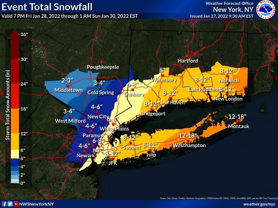 National Weather Service snow forecast for the Hudson Valley