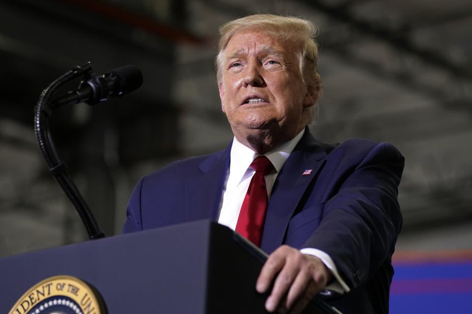 President Donald Trump speaks at a rally at Xtreme Manufacturing, Sunday, Sept. 13, 2020, in Henderson, Nev. (AP Photo/Andrew Harnik)