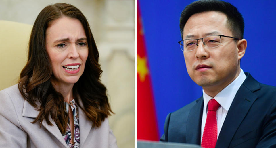 New Zealand Prime Minister Jacinda Ardern, left, and China's foreign ministry spokesperson Zhao Lijian, right. Source: AAP/ FMPRC