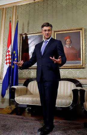 Croatia's new Prime Minister Andrej Plenkovic reacts in the government building in Zagreb, Croatia, October 19, 2016. REUTERS/Antonio Bronic