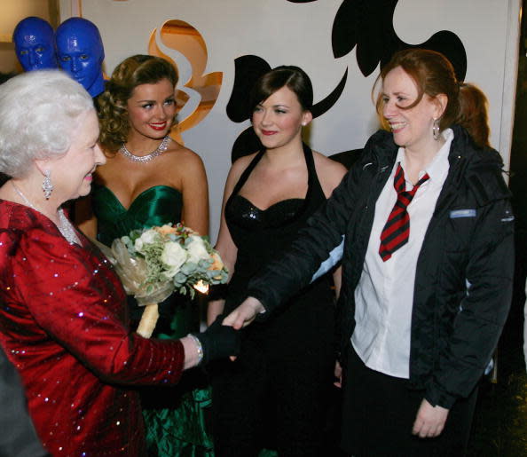 <p>It seems comedian Cartherine Tate didn’t have time to change out of her costume before meeting the Queen backstage at the Royal Variety. We just hope she didn’t let any Lauren Cooper mannerisms slip out. <i>[Photo: Daily Mirror-Pool/Anwar Hussein Collection/Getty Images]</i></p>