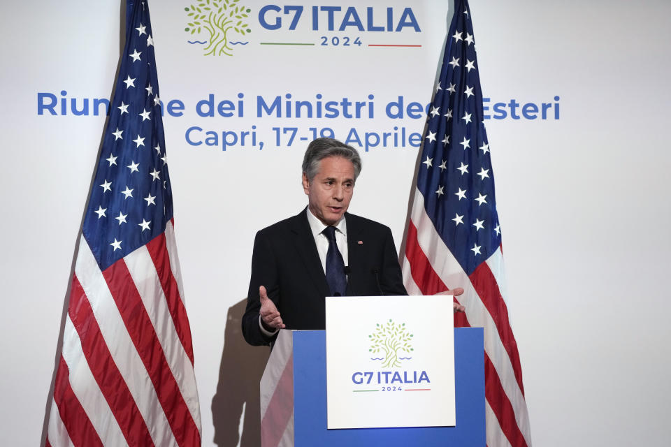 U.S. Secretary of State Antony Blinken meets the journalists during a press conference at the G7 Foreign Ministers meeting on Capri Island, Italy, Friday, April 19, 2024. (AP Photo/Gregorio Borgia)