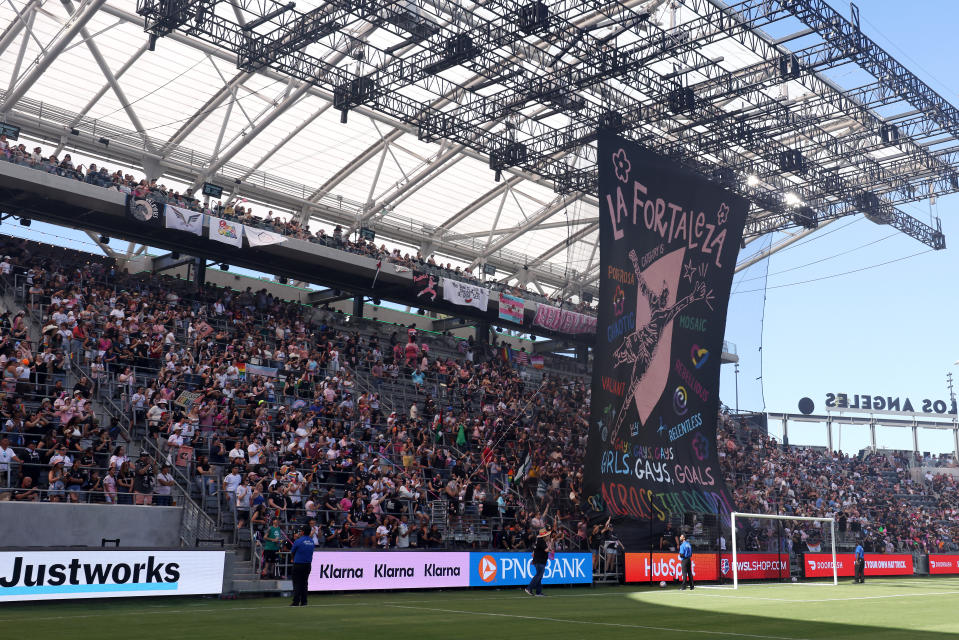 LOS ANGELES, CALIFORNIA – JUNE 30: The banner held up in honor of Pride Night before the match between Angel City FC and Orlando Pride at BMO Stadium on June 30, 2024 in Los Angeles, California. (Photo by Katelyn Mulcahy/Getty Images)