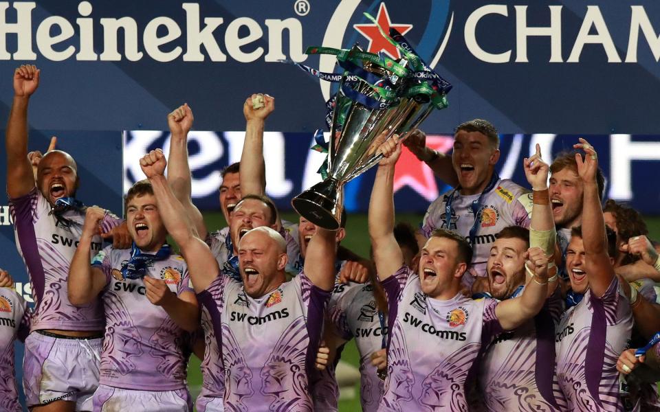 Exeter celebrating their Champions Cup victory - Exeter Chiefs handed tough draw as they prepare to defend inaugural Champions Cup title - GETTY IMAGES