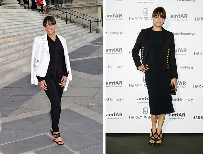 Michelle Rodriguez was biker-chic to sit front row at the Versace show, wearing black pants and a white jacket, but she ditched that vibe and went for a more classic look to attend amfAR’s event in a subdued black midi-length dress and blazer.